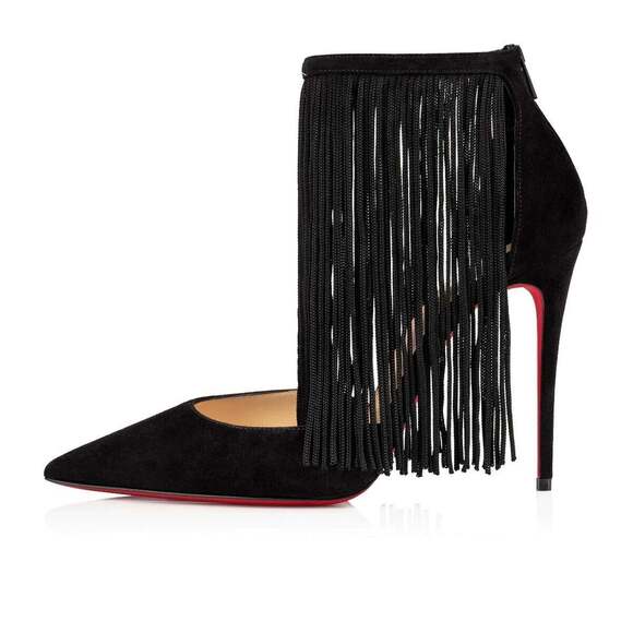 Christian Louboutin Courtain 100 Black Fringe Ankle Strap Sandal Heel Pump 36 - Picture 3 of 12